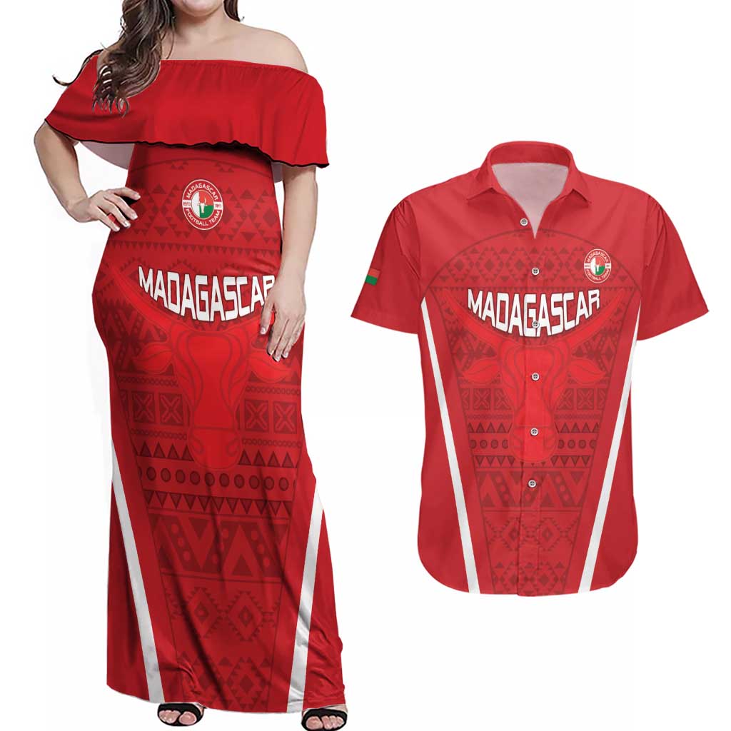 Custom Madagascar Football Couples Matching Off Shoulder Maxi Dress and Hawaiian Shirt Go Barea Go