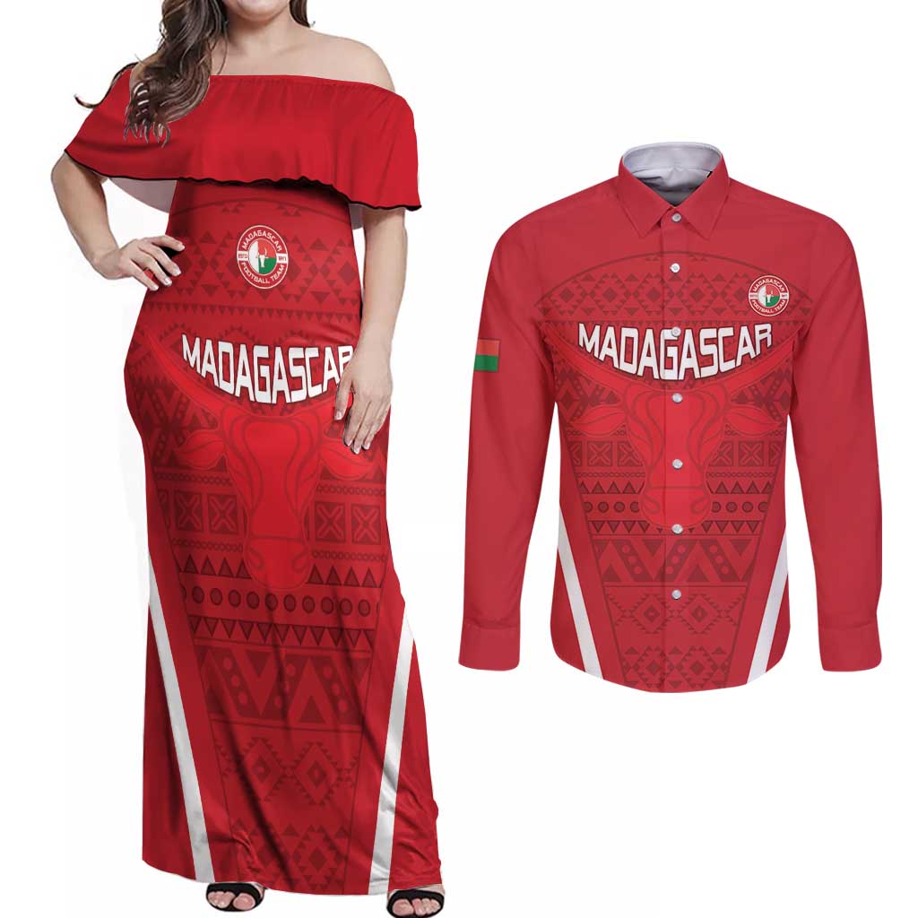 Custom Madagascar Football Couples Matching Off Shoulder Maxi Dress and Long Sleeve Button Shirt Go Barea Go