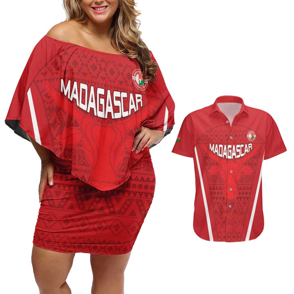 Custom Madagascar Football Couples Matching Off Shoulder Short Dress and Hawaiian Shirt Go Barea Go