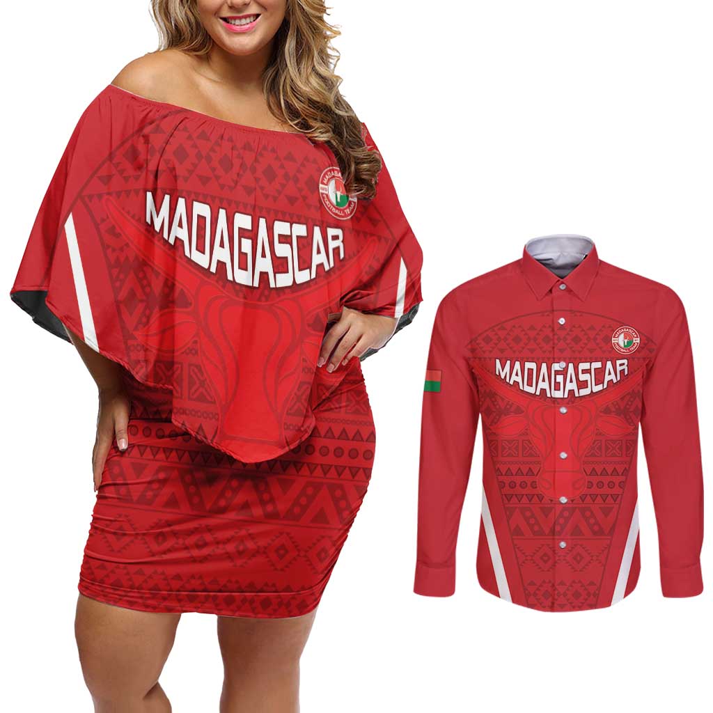 Custom Madagascar Football Couples Matching Off Shoulder Short Dress and Long Sleeve Button Shirt Go Barea Go