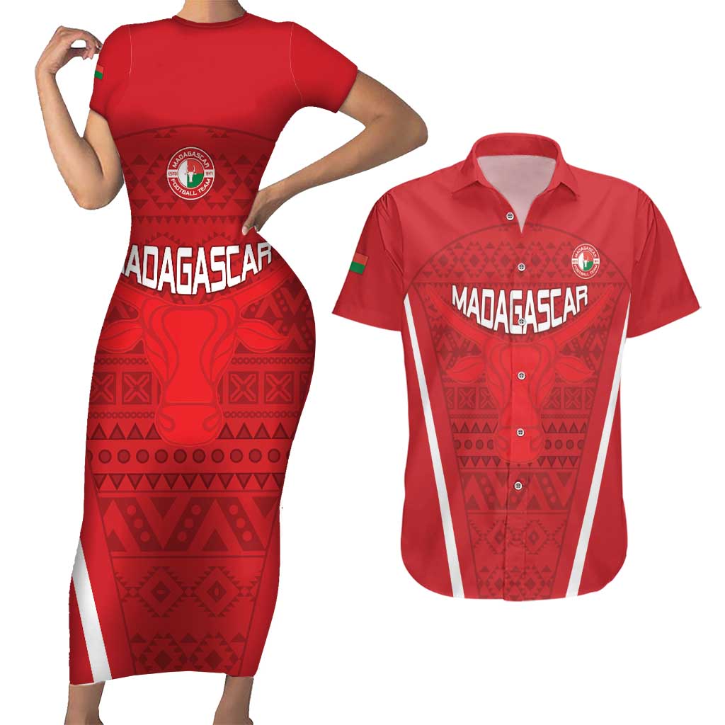 Custom Madagascar Football Couples Matching Short Sleeve Bodycon Dress and Hawaiian Shirt Go Barea Go