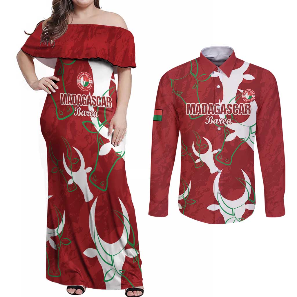 Custom Madagascar Football Couples Matching Off Shoulder Maxi Dress and Long Sleeve Button Shirt Alefa Barea