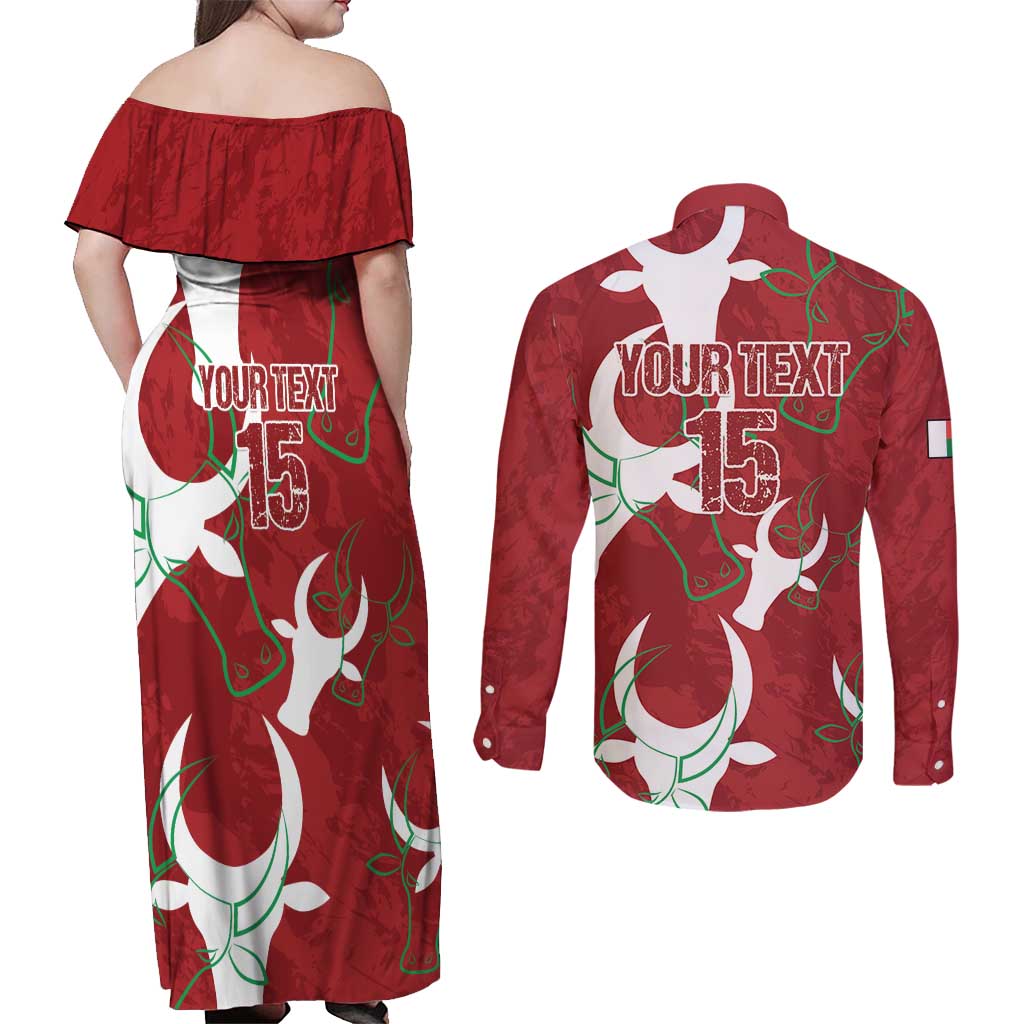 Custom Madagascar Football Couples Matching Off Shoulder Maxi Dress and Long Sleeve Button Shirt Alefa Barea