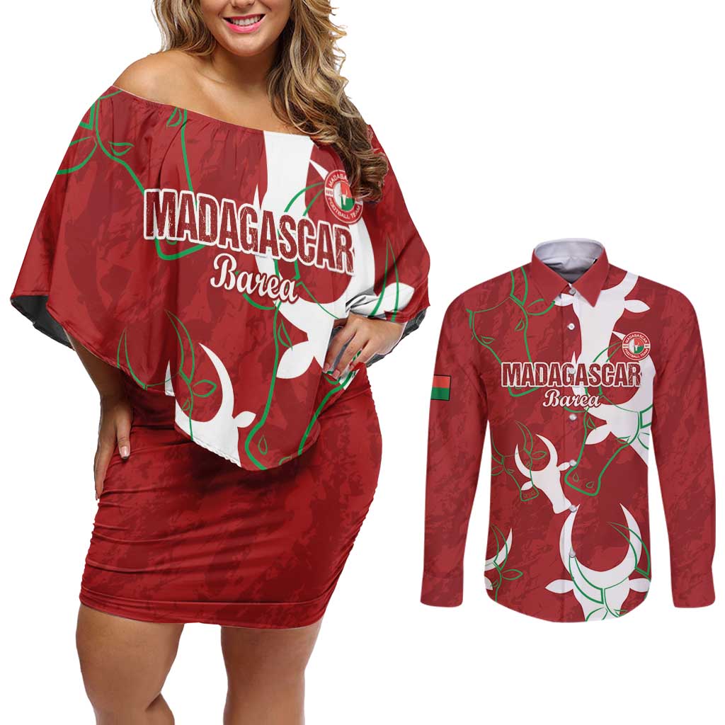 Custom Madagascar Football Couples Matching Off Shoulder Short Dress and Long Sleeve Button Shirt Alefa Barea