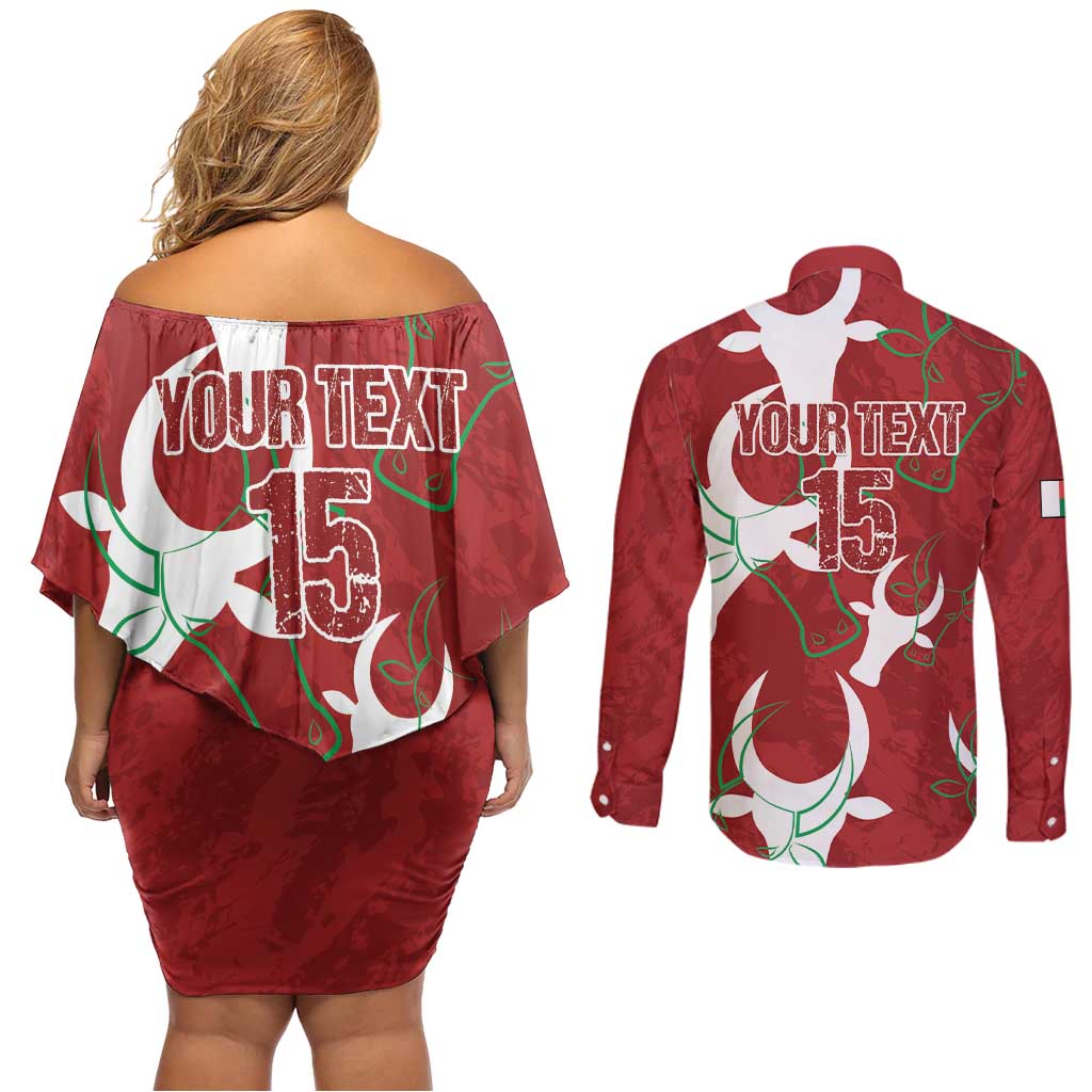 Custom Madagascar Football Couples Matching Off Shoulder Short Dress and Long Sleeve Button Shirt Alefa Barea