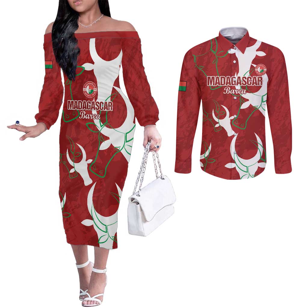 Custom Madagascar Football Couples Matching Off The Shoulder Long Sleeve Dress and Long Sleeve Button Shirt Alefa Barea