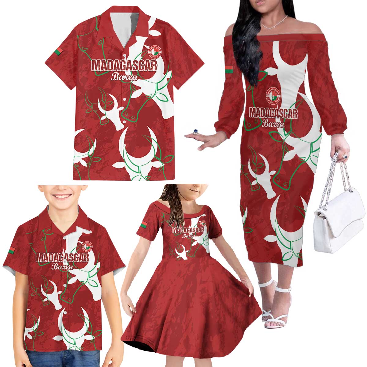Custom Madagascar Football Family Matching Off The Shoulder Long Sleeve Dress and Hawaiian Shirt Alefa Barea