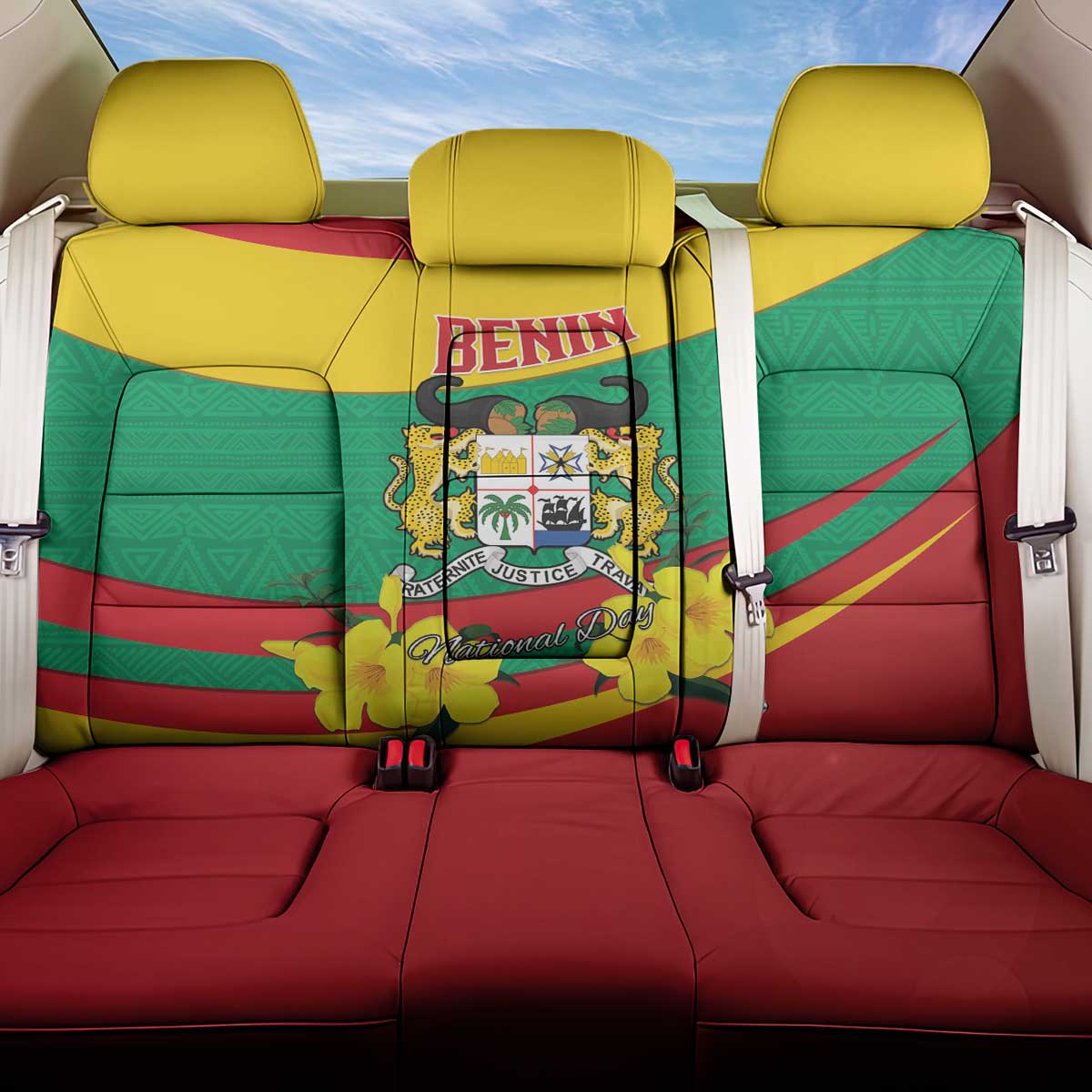 Benin National Day Back Car Seat Cover Coat Of Arms Yellow Allamanda