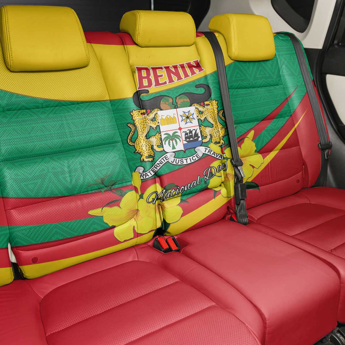 Benin National Day Back Car Seat Cover Coat Of Arms Yellow Allamanda