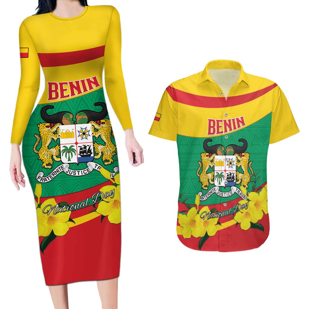 Personalised Benin National Day Couples Matching Long Sleeve Bodycon Dress and Hawaiian Shirt Coat Of Arms Yellow Allamanda