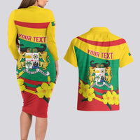Personalised Benin National Day Couples Matching Long Sleeve Bodycon Dress and Hawaiian Shirt Coat Of Arms Yellow Allamanda