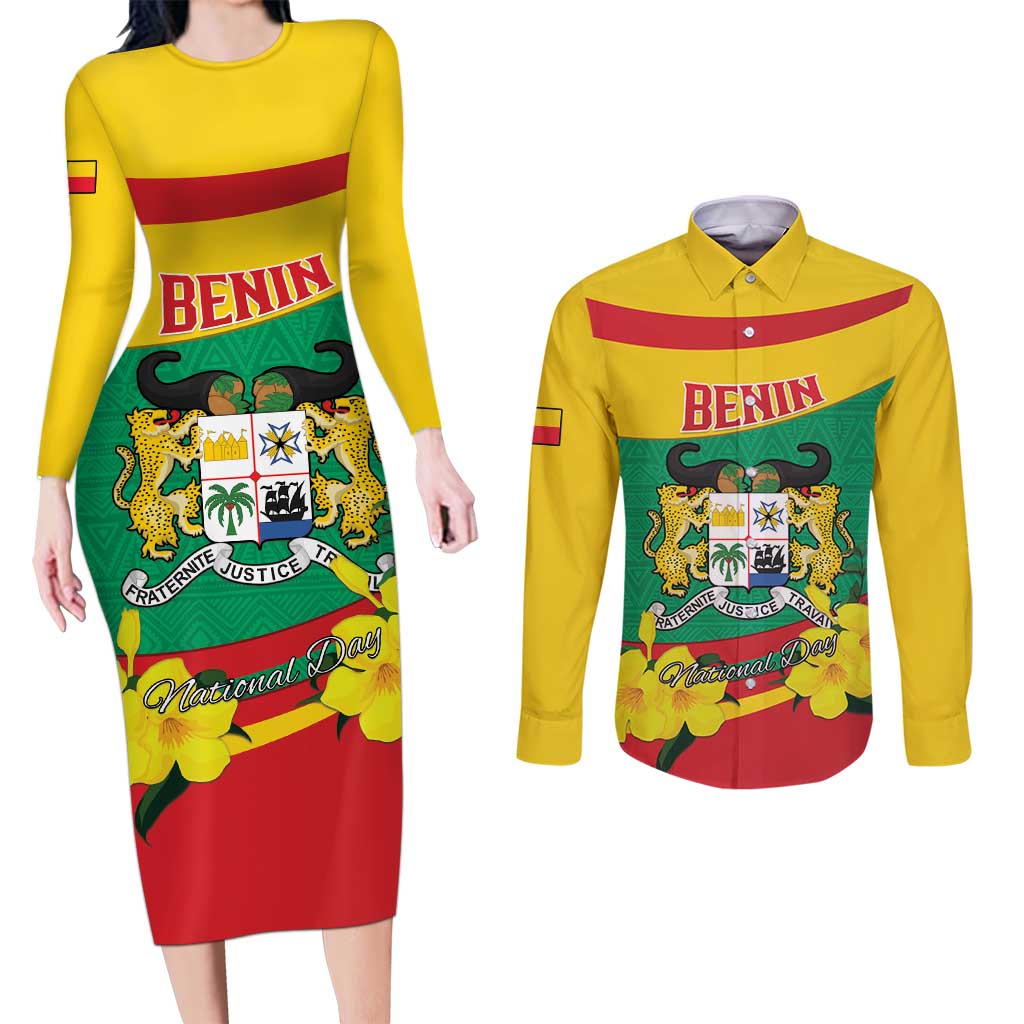 Personalised Benin National Day Couples Matching Long Sleeve Bodycon Dress and Long Sleeve Button Shirt Coat Of Arms Yellow Allamanda