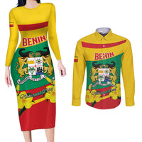 Personalised Benin National Day Couples Matching Long Sleeve Bodycon Dress and Long Sleeve Button Shirt Coat Of Arms Yellow Allamanda