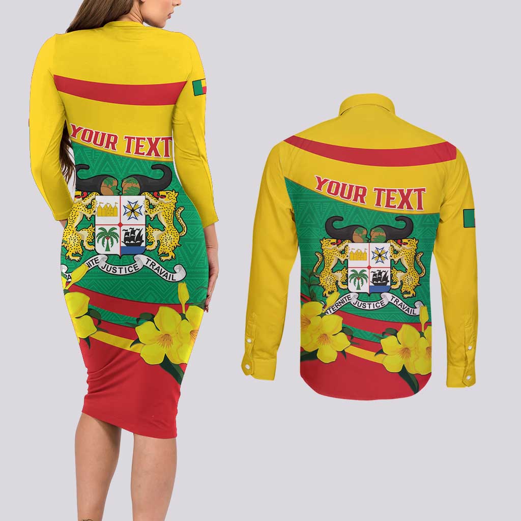 Personalised Benin National Day Couples Matching Long Sleeve Bodycon Dress and Long Sleeve Button Shirt Coat Of Arms Yellow Allamanda