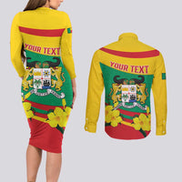 Personalised Benin National Day Couples Matching Long Sleeve Bodycon Dress and Long Sleeve Button Shirt Coat Of Arms Yellow Allamanda