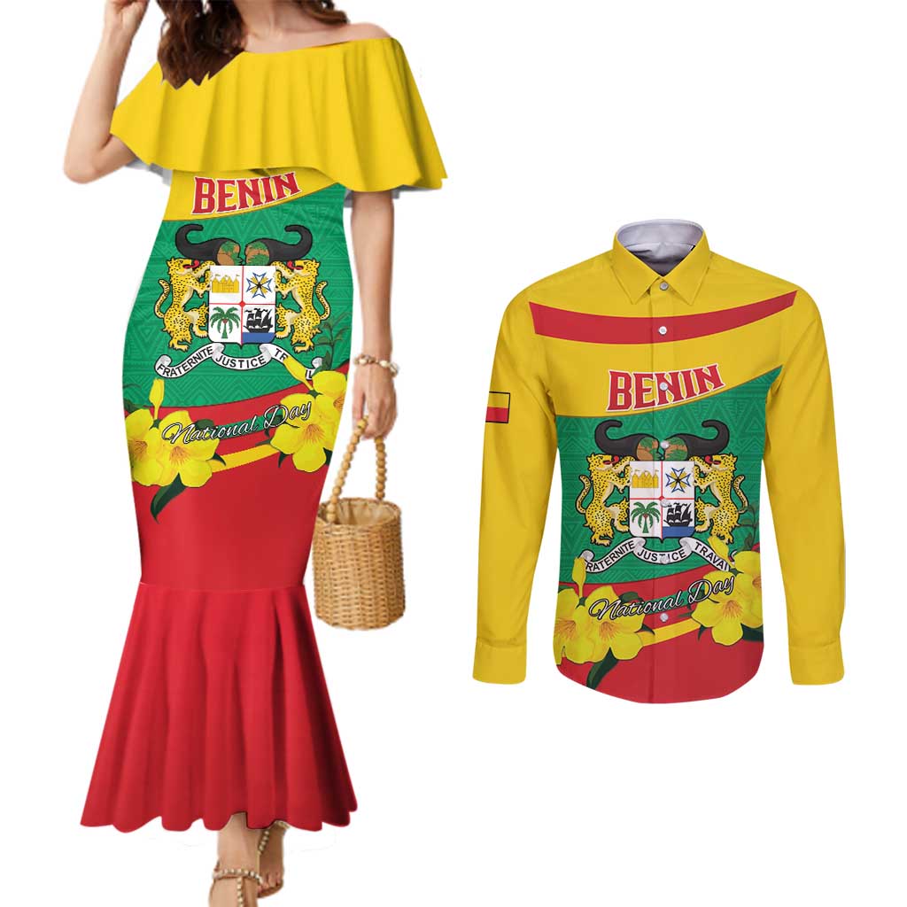 Personalised Benin National Day Couples Matching Mermaid Dress and Long Sleeve Button Shirt Coat Of Arms Yellow Allamanda