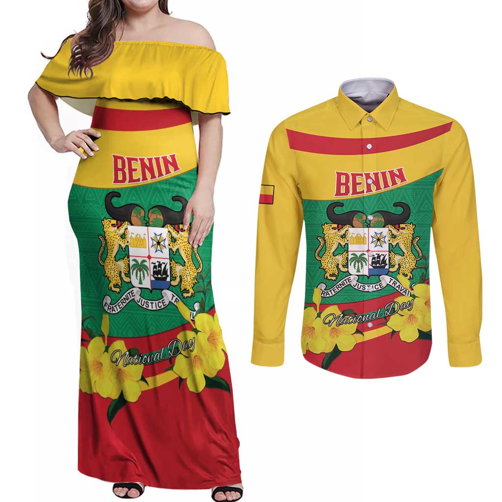 Personalised Benin National Day Couples Matching Off Shoulder Maxi Dress and Long Sleeve Button Shirt Coat Of Arms Yellow Allamanda