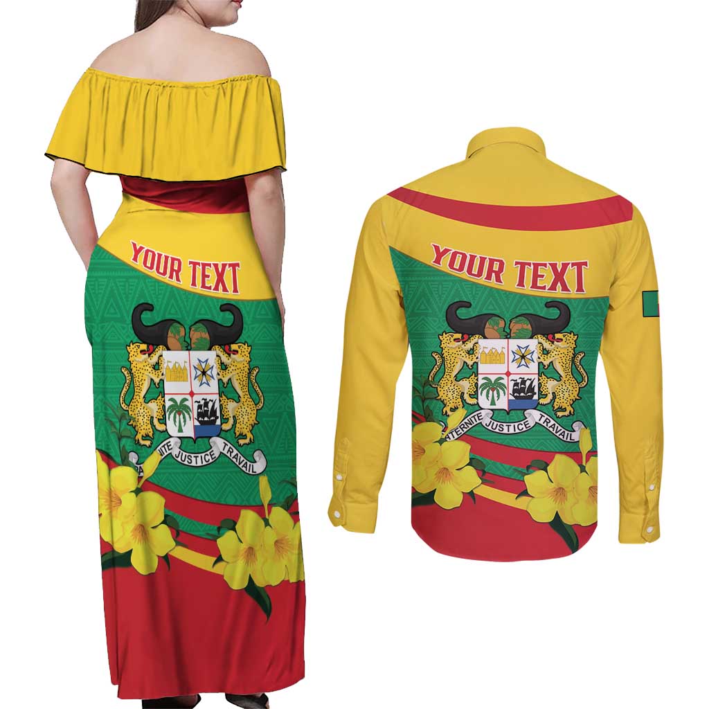 Personalised Benin National Day Couples Matching Off Shoulder Maxi Dress and Long Sleeve Button Shirt Coat Of Arms Yellow Allamanda