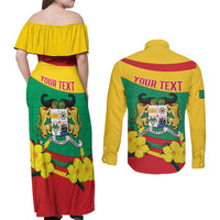 Personalised Benin National Day Couples Matching Off Shoulder Maxi Dress and Long Sleeve Button Shirt Coat Of Arms Yellow Allamanda