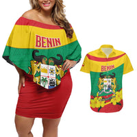 Personalised Benin National Day Couples Matching Off Shoulder Short Dress and Hawaiian Shirt Coat Of Arms Yellow Allamanda