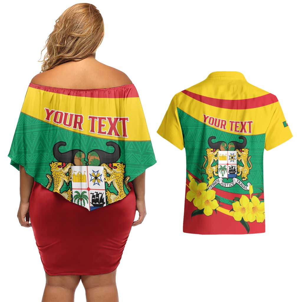 Personalised Benin National Day Couples Matching Off Shoulder Short Dress and Hawaiian Shirt Coat Of Arms Yellow Allamanda