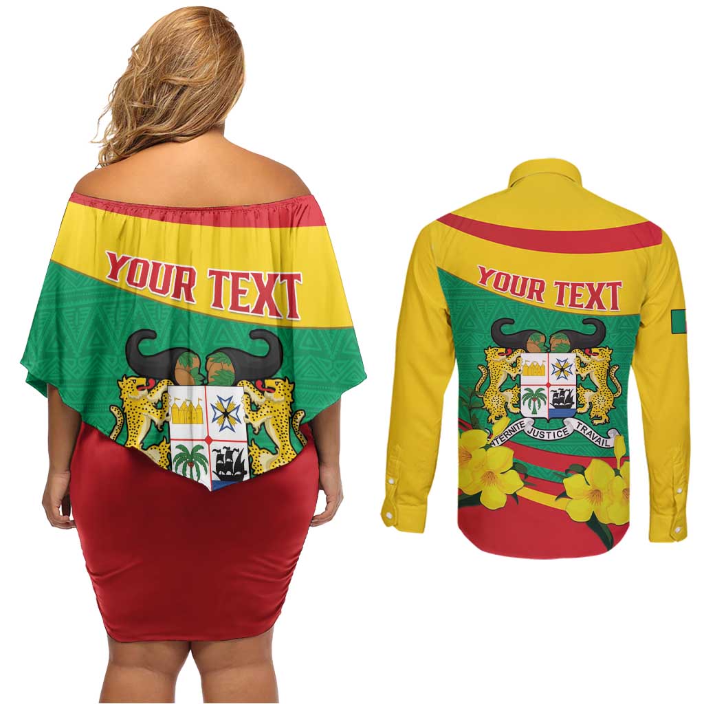 Personalised Benin National Day Couples Matching Off Shoulder Short Dress and Long Sleeve Button Shirt Coat Of Arms Yellow Allamanda