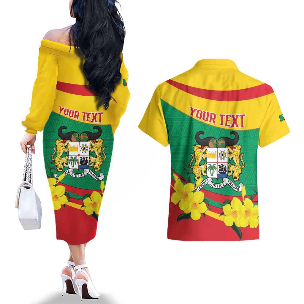 Personalised Benin National Day Couples Matching Off The Shoulder Long Sleeve Dress and Hawaiian Shirt Coat Of Arms Yellow Allamanda