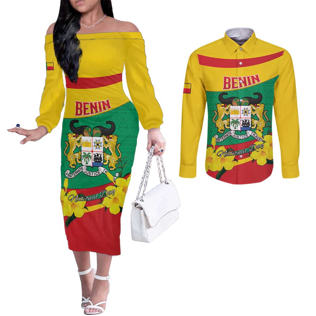 Personalised Benin National Day Couples Matching Off The Shoulder Long Sleeve Dress and Long Sleeve Button Shirt Coat Of Arms Yellow Allamanda