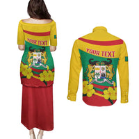 Personalised Benin National Day Couples Matching Puletasi and Long Sleeve Button Shirt Coat Of Arms Yellow Allamanda