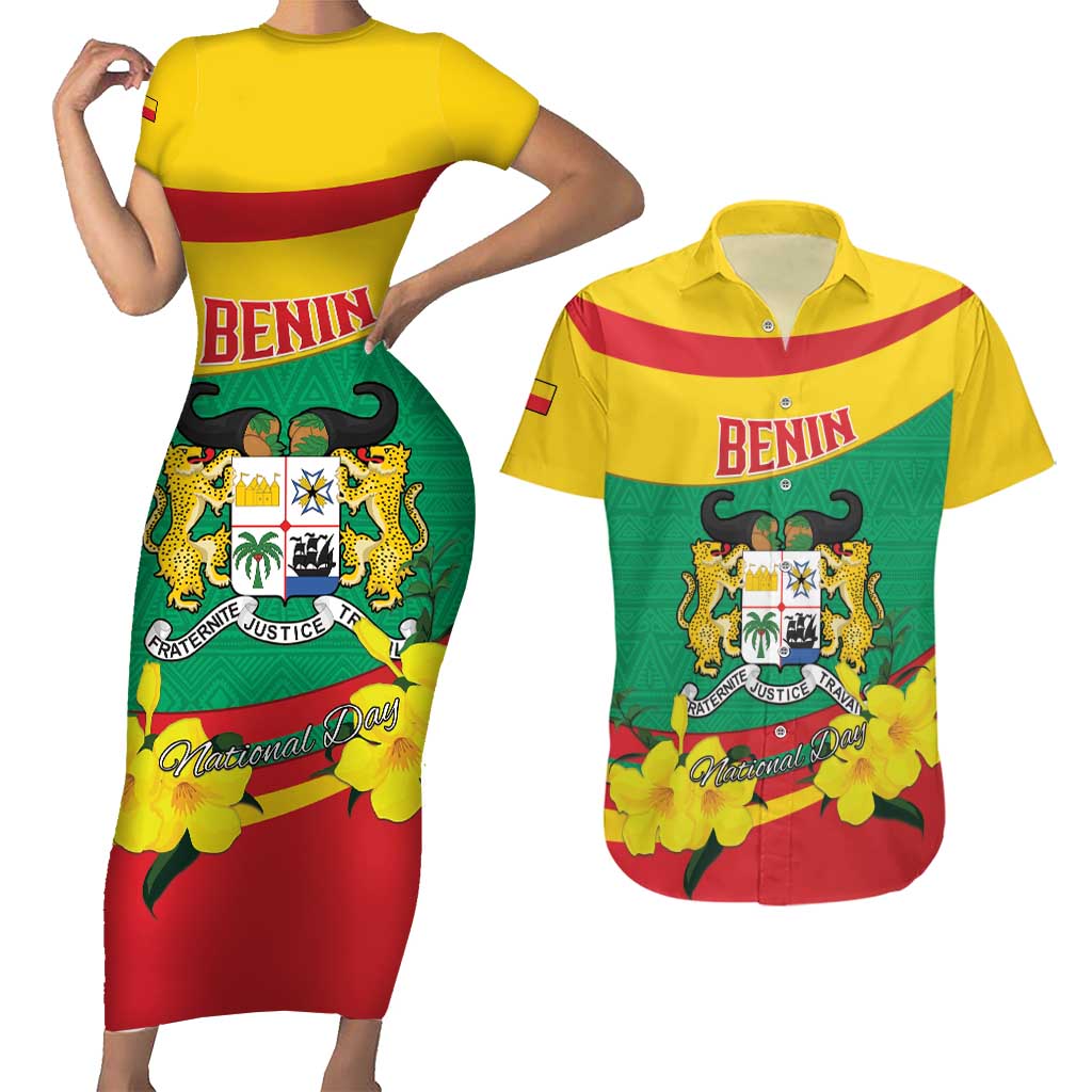 Personalised Benin National Day Couples Matching Short Sleeve Bodycon Dress and Hawaiian Shirt Coat Of Arms Yellow Allamanda