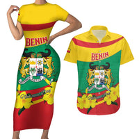 Personalised Benin National Day Couples Matching Short Sleeve Bodycon Dress and Hawaiian Shirt Coat Of Arms Yellow Allamanda