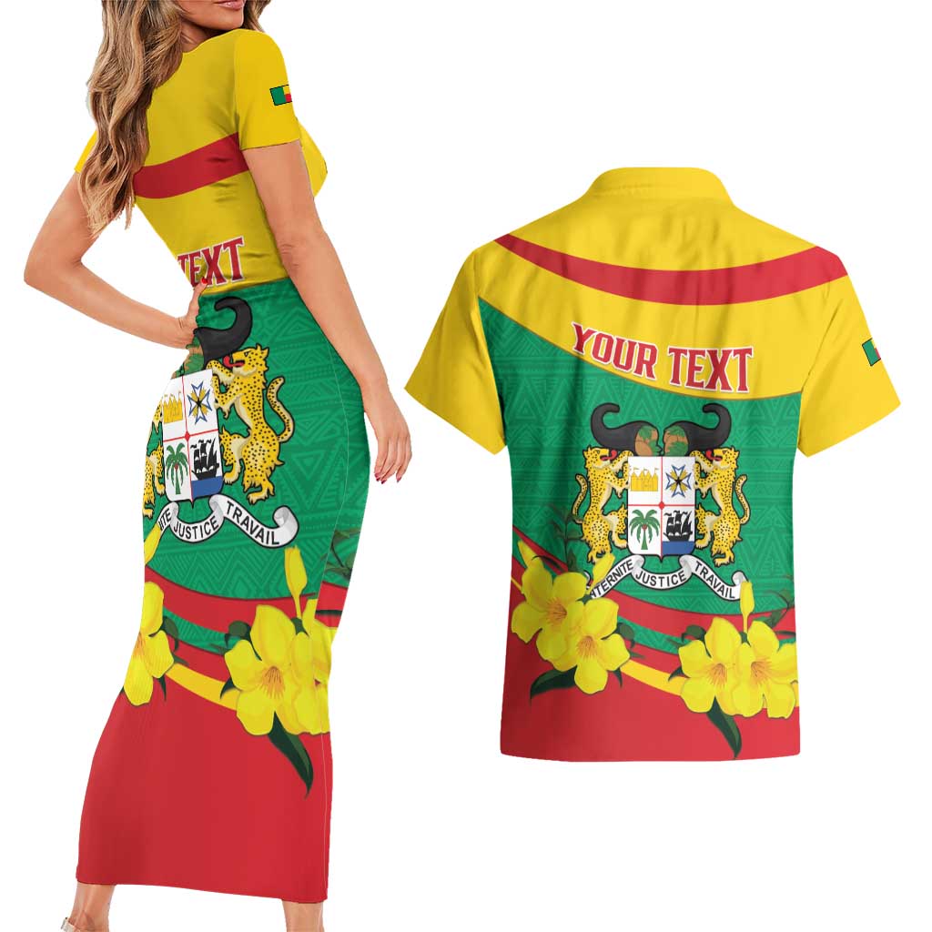 Personalised Benin National Day Couples Matching Short Sleeve Bodycon Dress and Hawaiian Shirt Coat Of Arms Yellow Allamanda