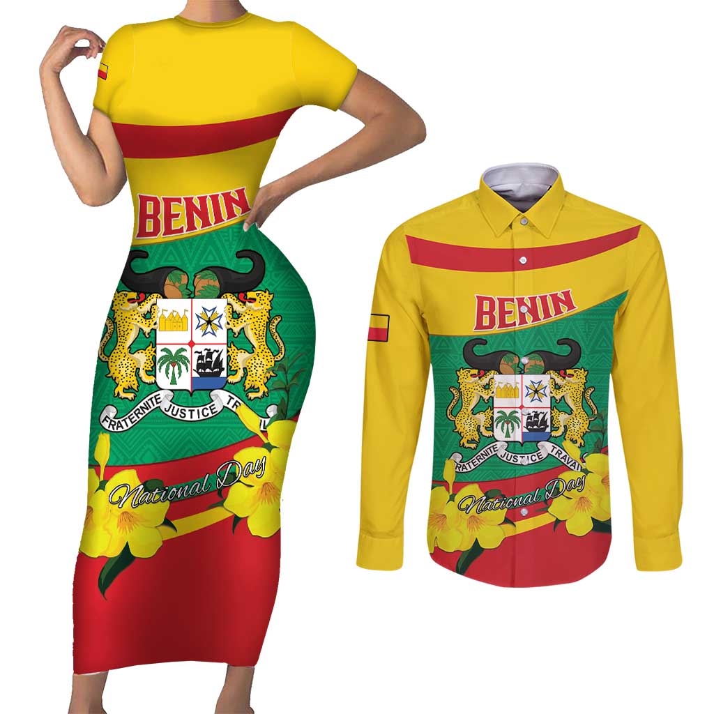 Personalised Benin National Day Couples Matching Short Sleeve Bodycon Dress and Long Sleeve Button Shirt Coat Of Arms Yellow Allamanda