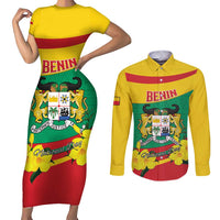 Personalised Benin National Day Couples Matching Short Sleeve Bodycon Dress and Long Sleeve Button Shirt Coat Of Arms Yellow Allamanda