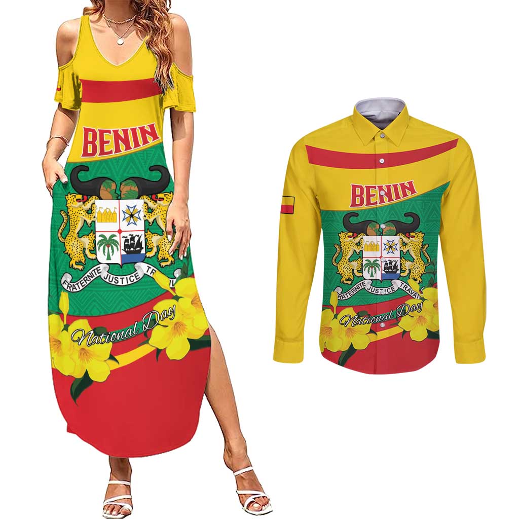 Personalised Benin National Day Couples Matching Summer Maxi Dress and Long Sleeve Button Shirt Coat Of Arms Yellow Allamanda
