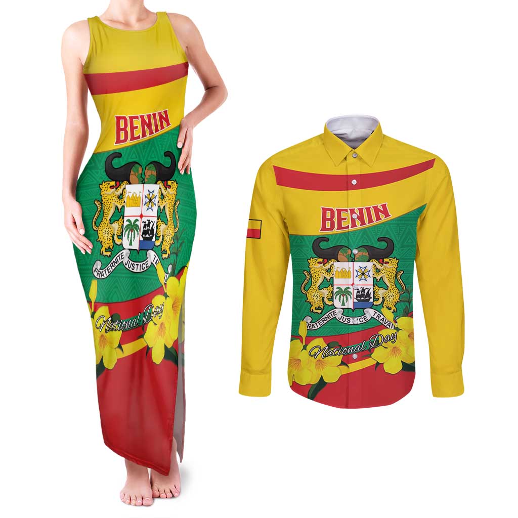 Personalised Benin National Day Couples Matching Tank Maxi Dress and Long Sleeve Button Shirt Coat Of Arms Yellow Allamanda