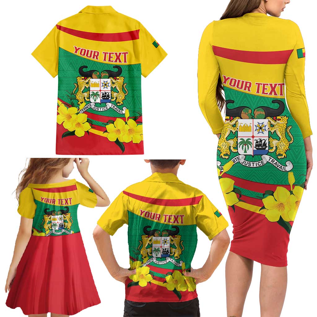 Personalised Benin National Day Family Matching Long Sleeve Bodycon Dress and Hawaiian Shirt Coat Of Arms Yellow Allamanda