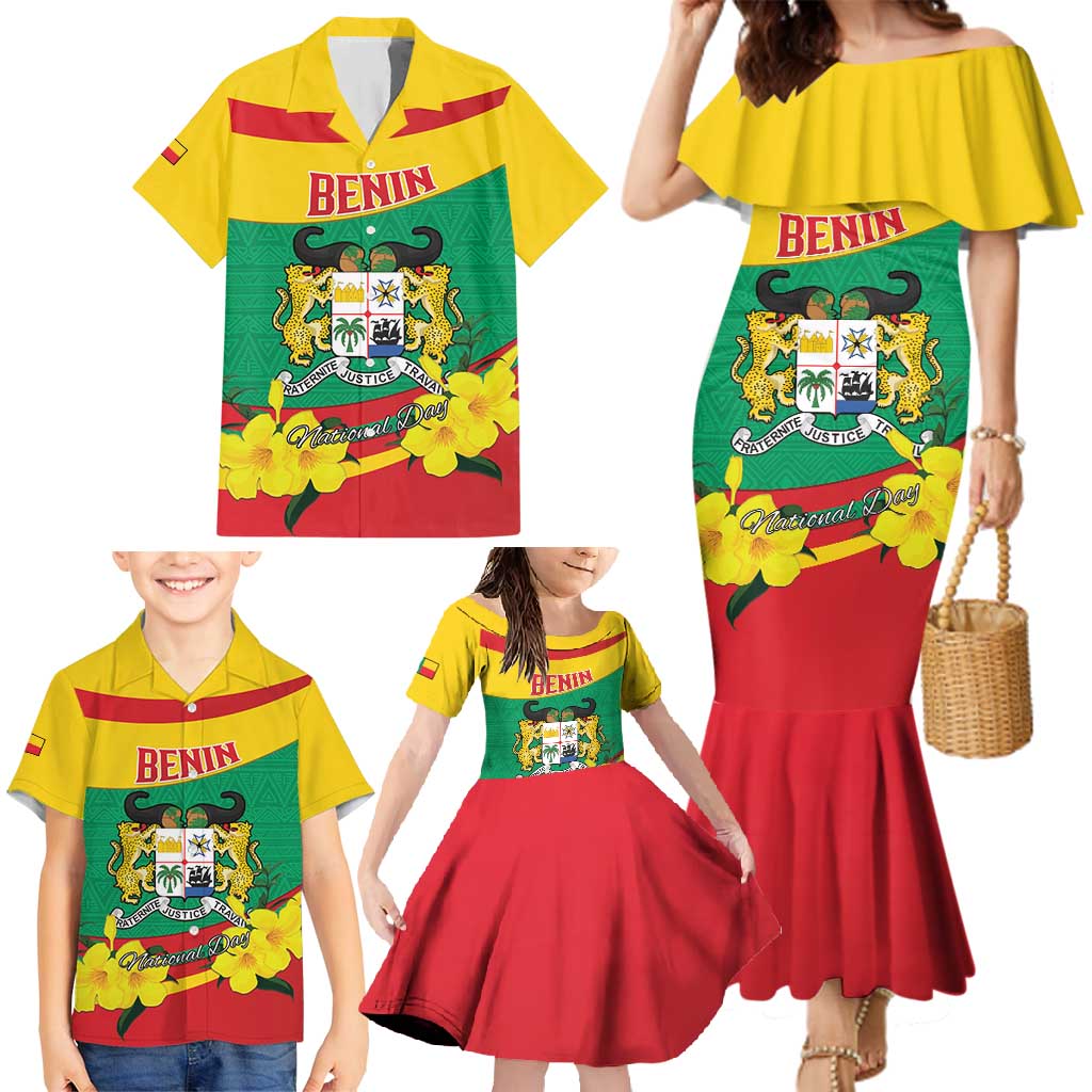 Personalised Benin National Day Family Matching Mermaid Dress and Hawaiian Shirt Coat Of Arms Yellow Allamanda