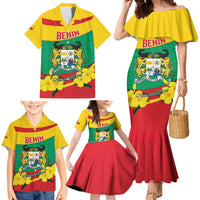 Personalised Benin National Day Family Matching Mermaid Dress and Hawaiian Shirt Coat Of Arms Yellow Allamanda