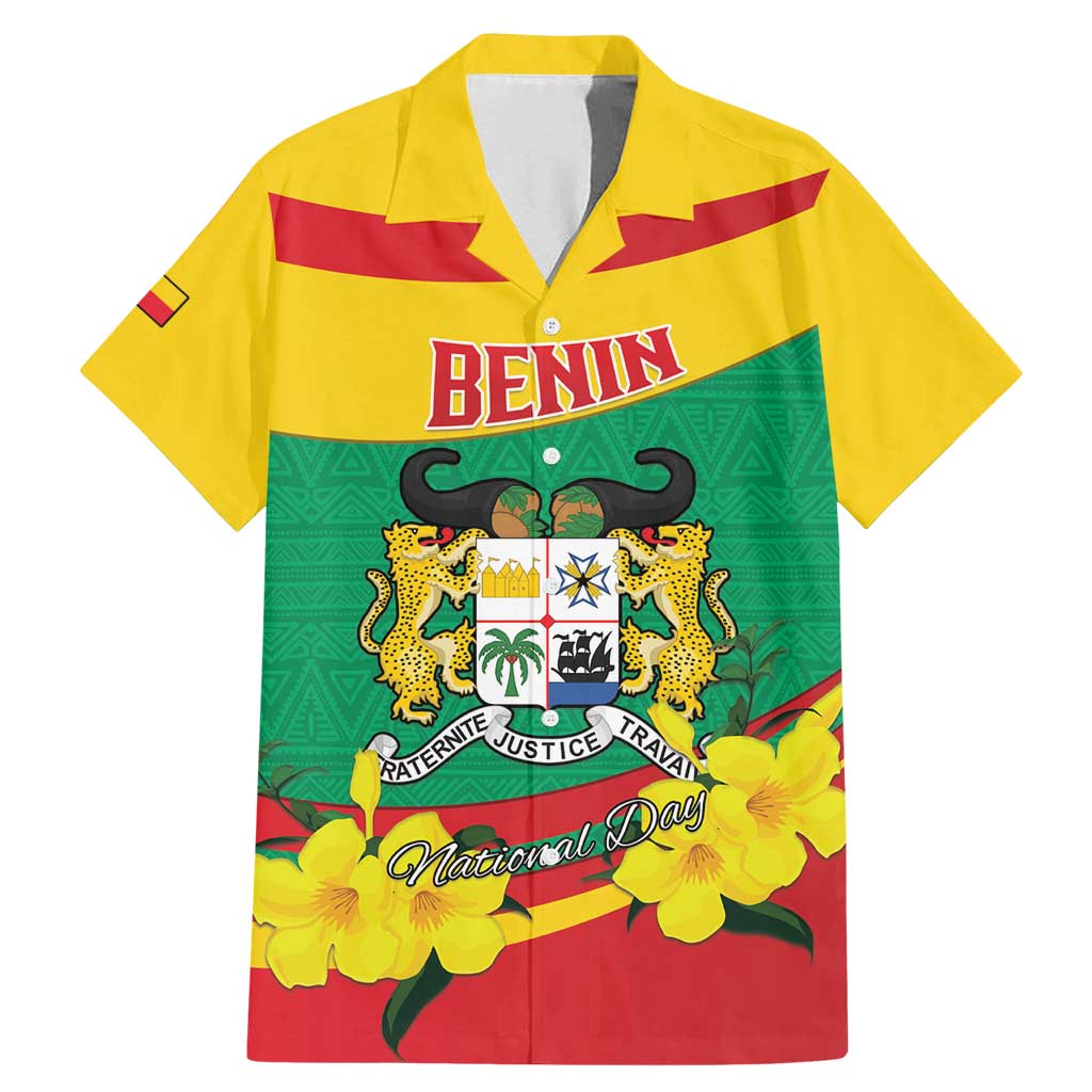 Personalised Benin National Day Family Matching Mermaid Dress and Hawaiian Shirt Coat Of Arms Yellow Allamanda
