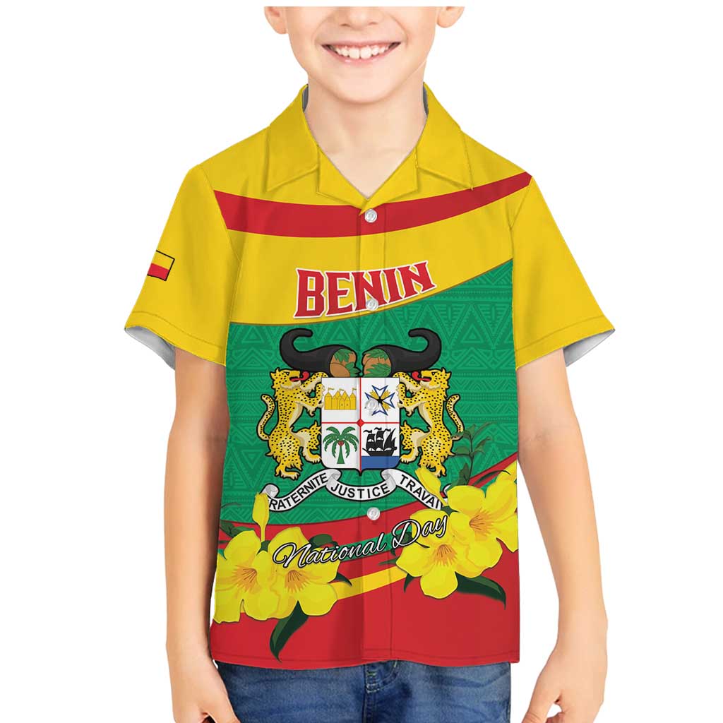 Personalised Benin National Day Family Matching Mermaid Dress and Hawaiian Shirt Coat Of Arms Yellow Allamanda