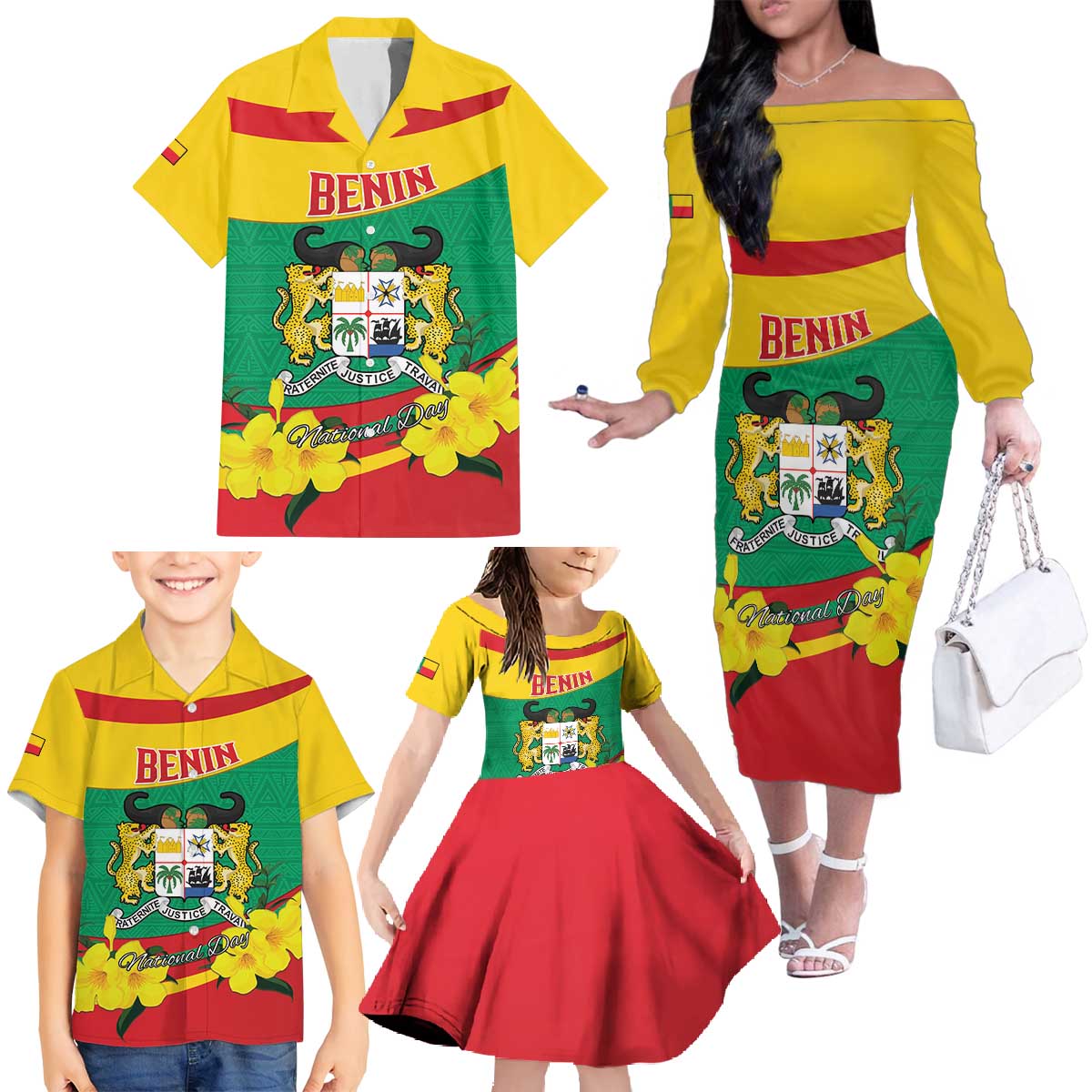 Personalised Benin National Day Family Matching Off The Shoulder Long Sleeve Dress and Hawaiian Shirt Coat Of Arms Yellow Allamanda