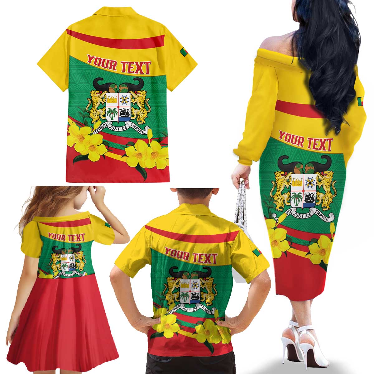 Personalised Benin National Day Family Matching Off The Shoulder Long Sleeve Dress and Hawaiian Shirt Coat Of Arms Yellow Allamanda