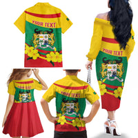 Personalised Benin National Day Family Matching Off The Shoulder Long Sleeve Dress and Hawaiian Shirt Coat Of Arms Yellow Allamanda