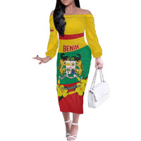 Personalised Benin National Day Family Matching Off The Shoulder Long Sleeve Dress and Hawaiian Shirt Coat Of Arms Yellow Allamanda