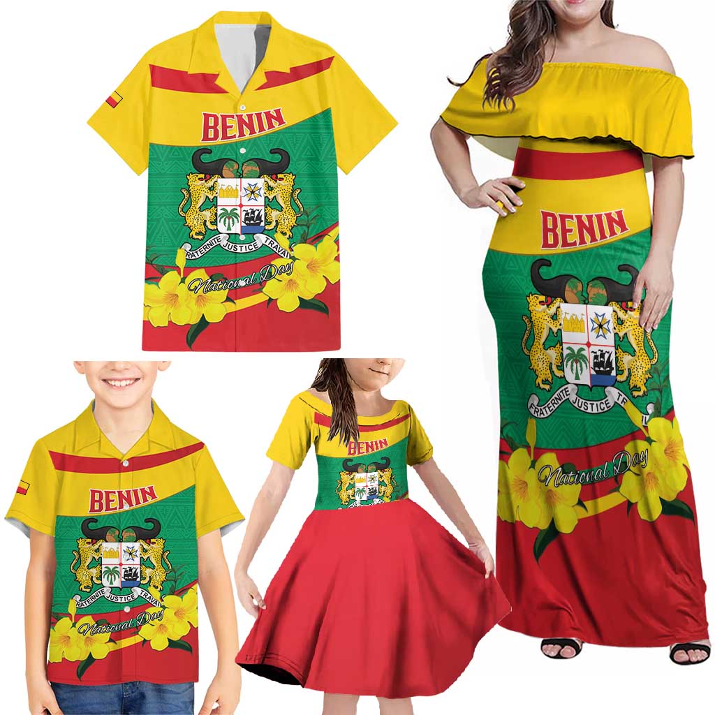 Personalised Benin National Day Family Matching Off Shoulder Maxi Dress and Hawaiian Shirt Coat Of Arms Yellow Allamanda