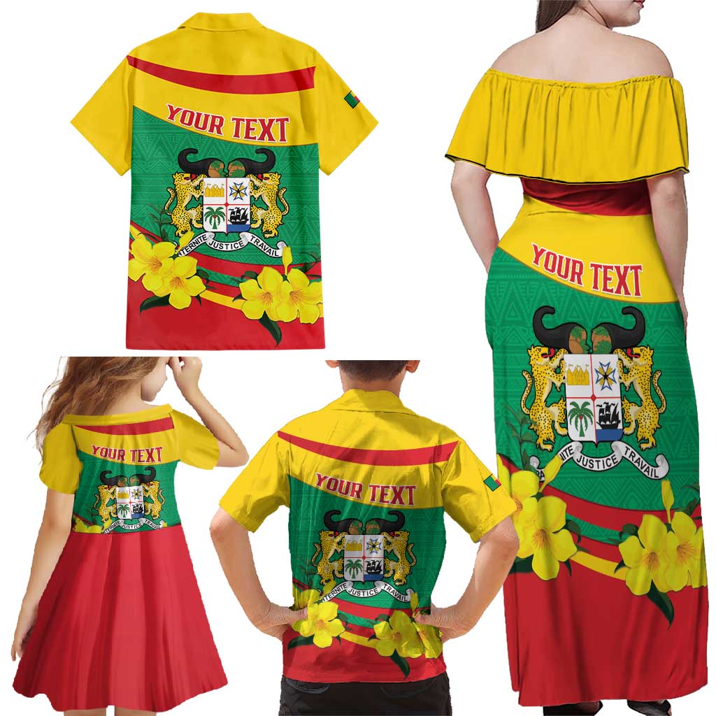 Personalised Benin National Day Family Matching Off Shoulder Maxi Dress and Hawaiian Shirt Coat Of Arms Yellow Allamanda