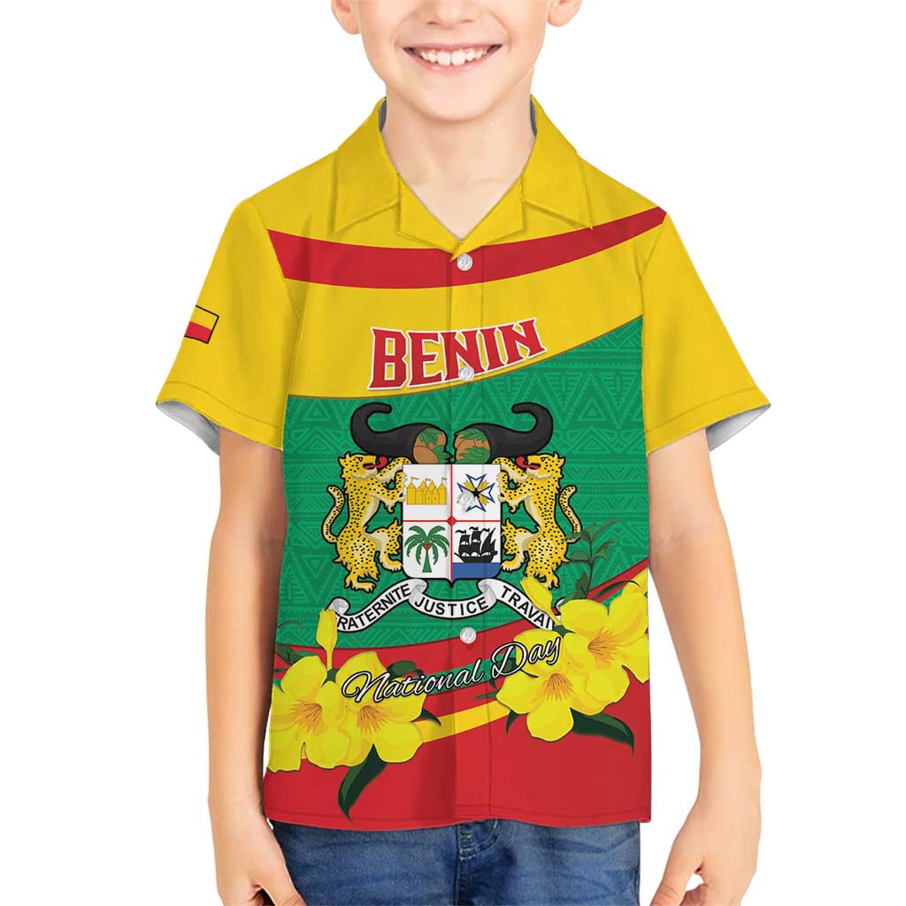 Personalised Benin National Day Family Matching Off Shoulder Maxi Dress and Hawaiian Shirt Coat Of Arms Yellow Allamanda