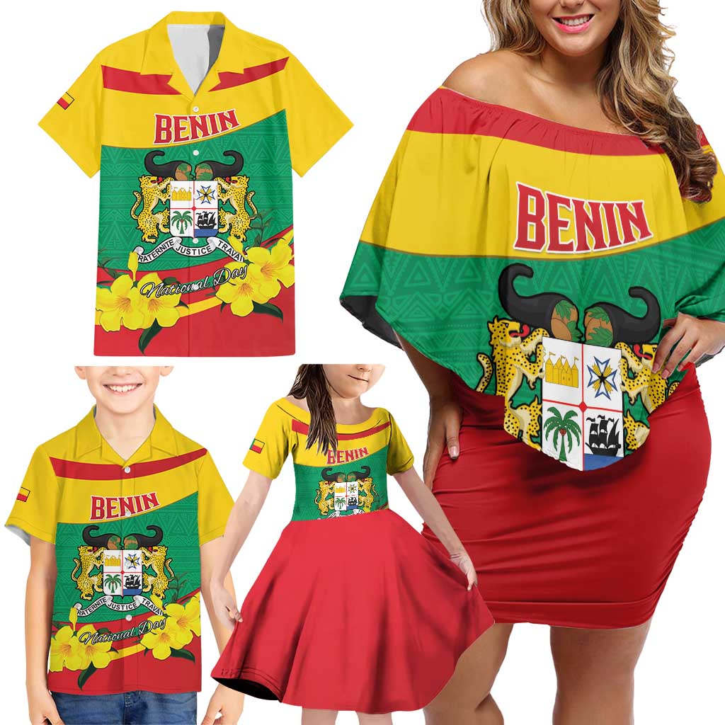 Personalised Benin National Day Family Matching Off Shoulder Short Dress and Hawaiian Shirt Coat Of Arms Yellow Allamanda