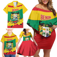 Personalised Benin National Day Family Matching Off Shoulder Short Dress and Hawaiian Shirt Coat Of Arms Yellow Allamanda